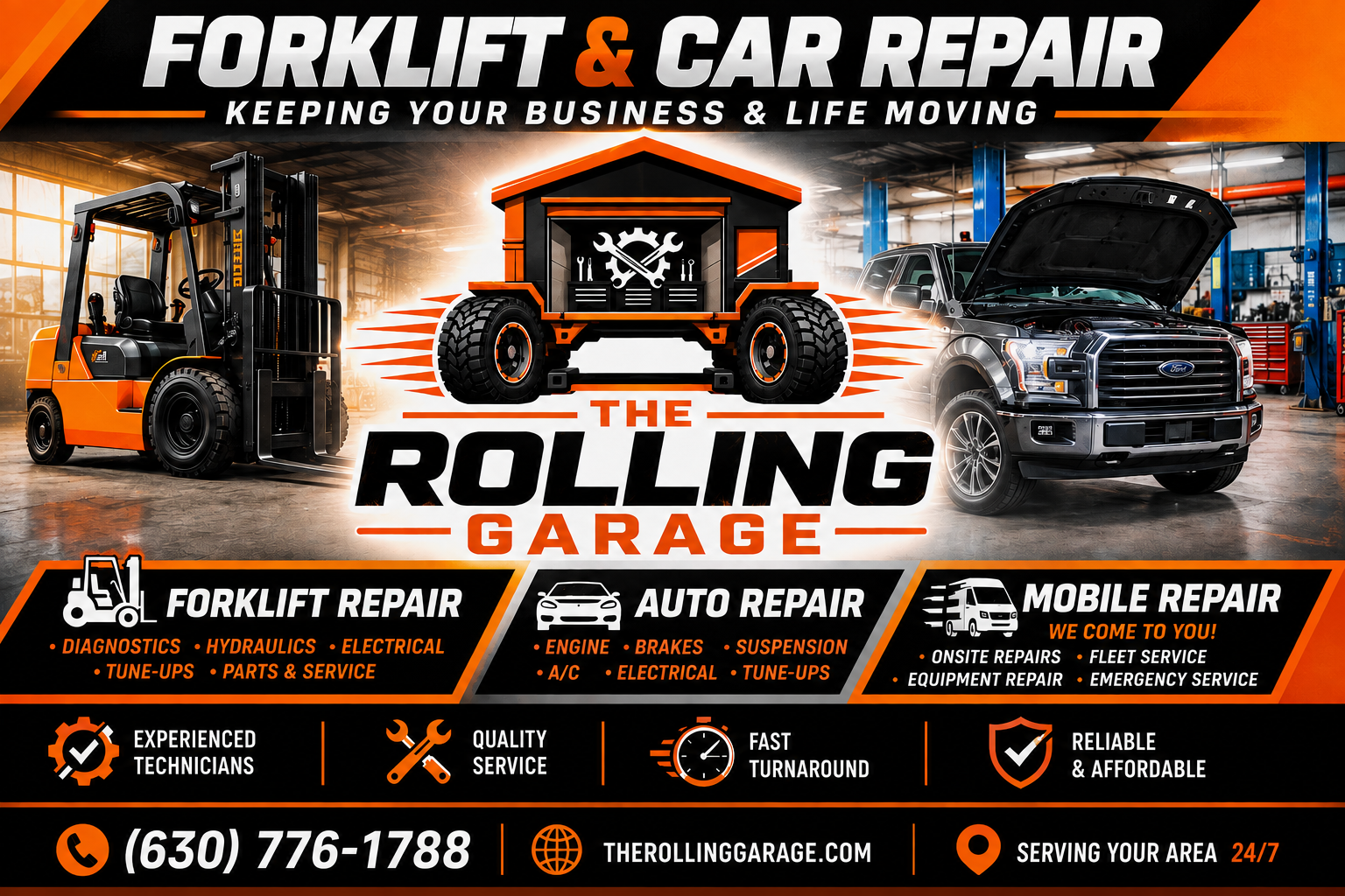 The Rolling Garage — forklift, auto and mobile repair banner